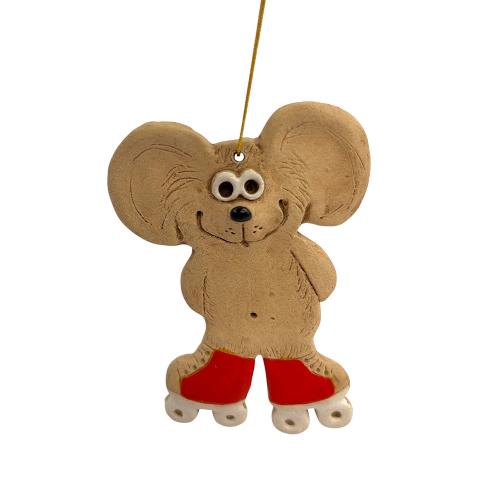 Vintage 1980 Saisman Clay Pottery Mouse Roller Skating Christmas Ornament 3"